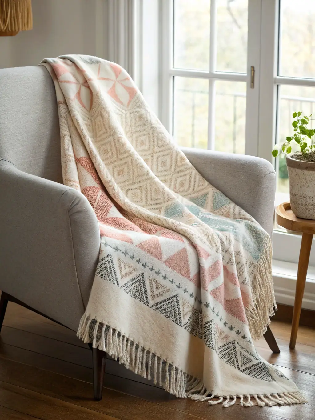 A close-up shot of a new, soft, knitted throw blanket in a light beige color, draped casually over a white armchair. The scene is warmly lit, emphasizing the texture and inviting feel of the textile, perfect for the 'Home Ambiance' website.
