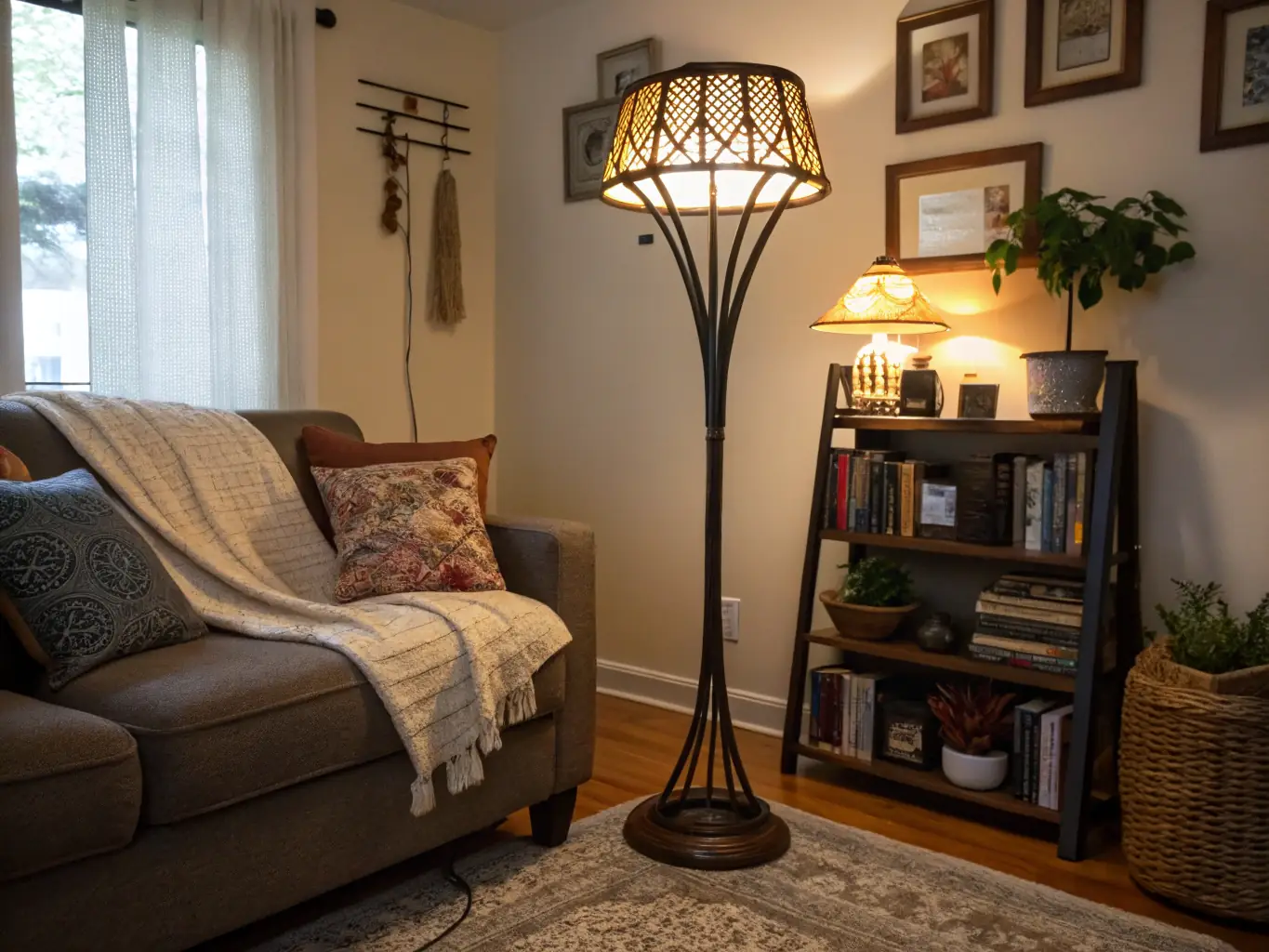 A warmly lit living room featuring a stylish floor lamp and soft ambient lighting, showcasing a cozy and inviting atmosphere created by Home Ambiance lighting solutions.
