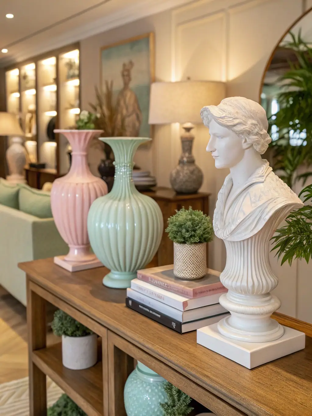 A collection of decorative ceramic figurines displayed on a shelf, each with distinct shapes and colors, creating a visually appealing arrangement.