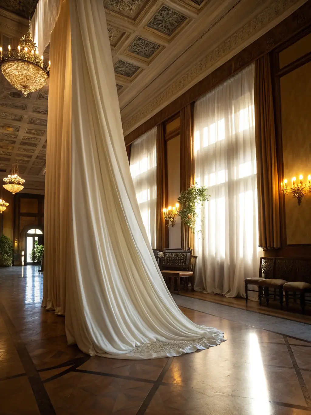 A set of linen curtains in a light gray color, gently swaying in the breeze near a window. Sunlight streams through the curtains, creating a soft, diffused light in the room, perfect for showcasing on the 'Home Ambiance' website.