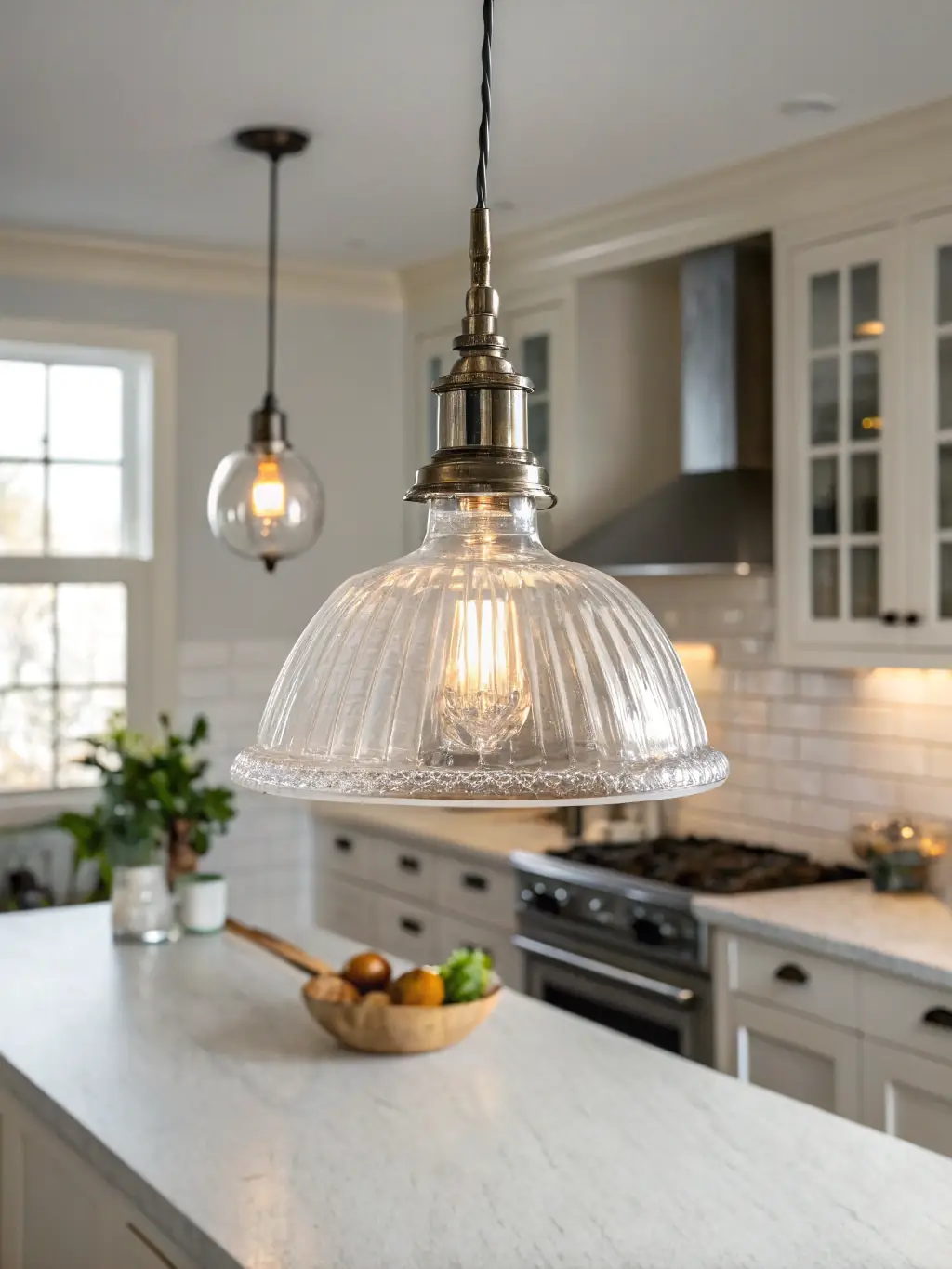 A stylish pendant light fixture hanging above a dining table, casting a warm, inviting glow. The light is modern yet cozy, complementing the surrounding decor and highlighting the lighting collection.