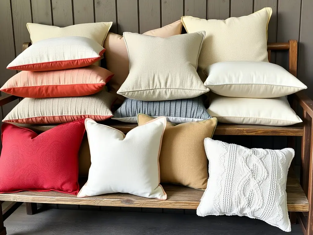 A close-up shot of a variety of soft, textured cushions in pastel colors arranged on a comfortable sofa, showcasing the quality and comfort of Home Ambiance textiles.