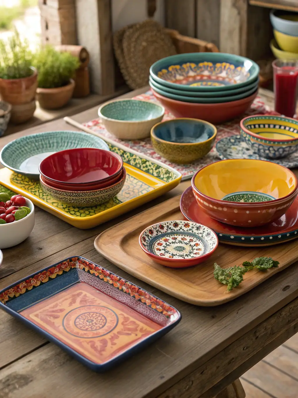 A set of rustic ceramic plates and bowls arranged on a wooden table, emphasizing their natural, earthy tones and textures, styled for a cozy dining setting.