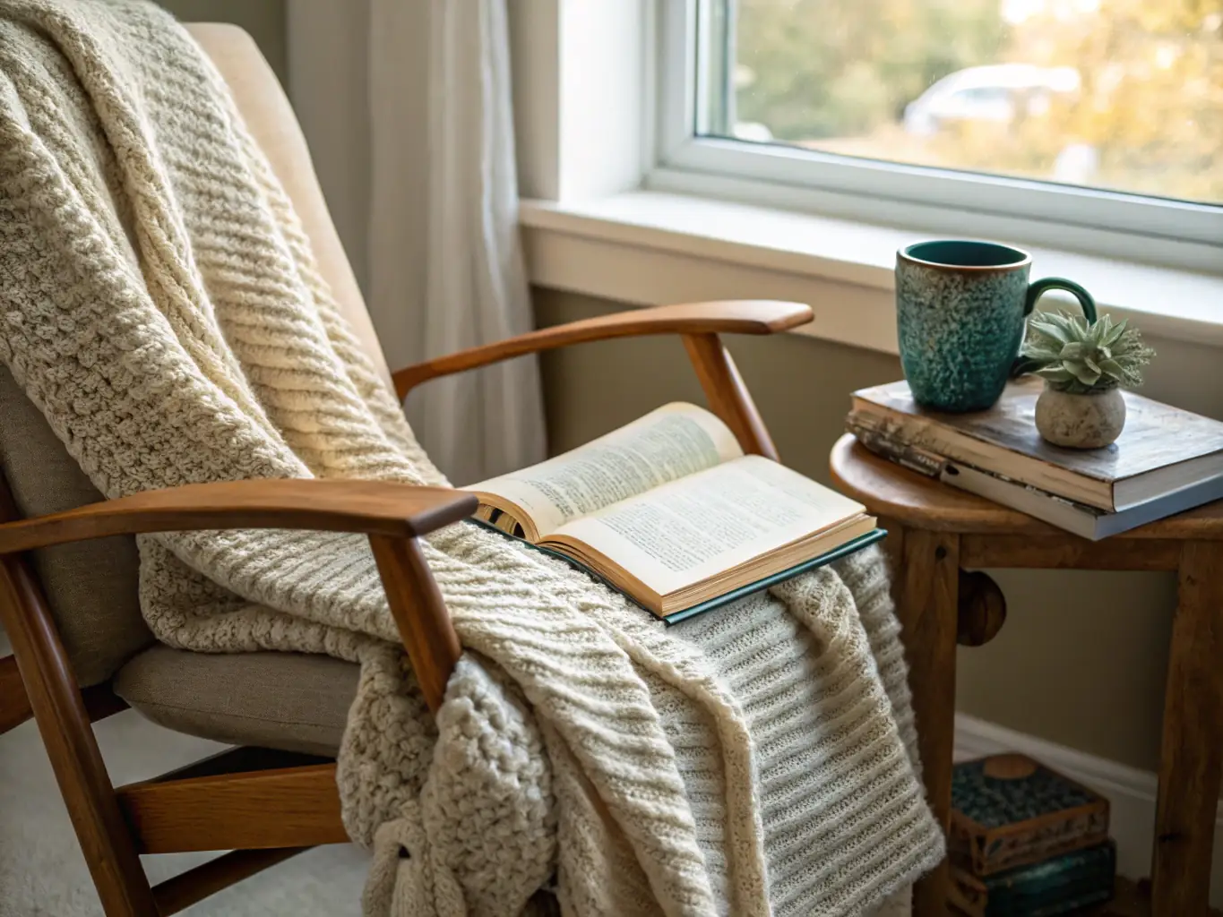A cozy living room scene featuring a soft, knitted throw blanket draped over a chair, with a warm cup of tea and a book nearby, emphasizing the hygge lifestyle promoted by Home Ambiance.