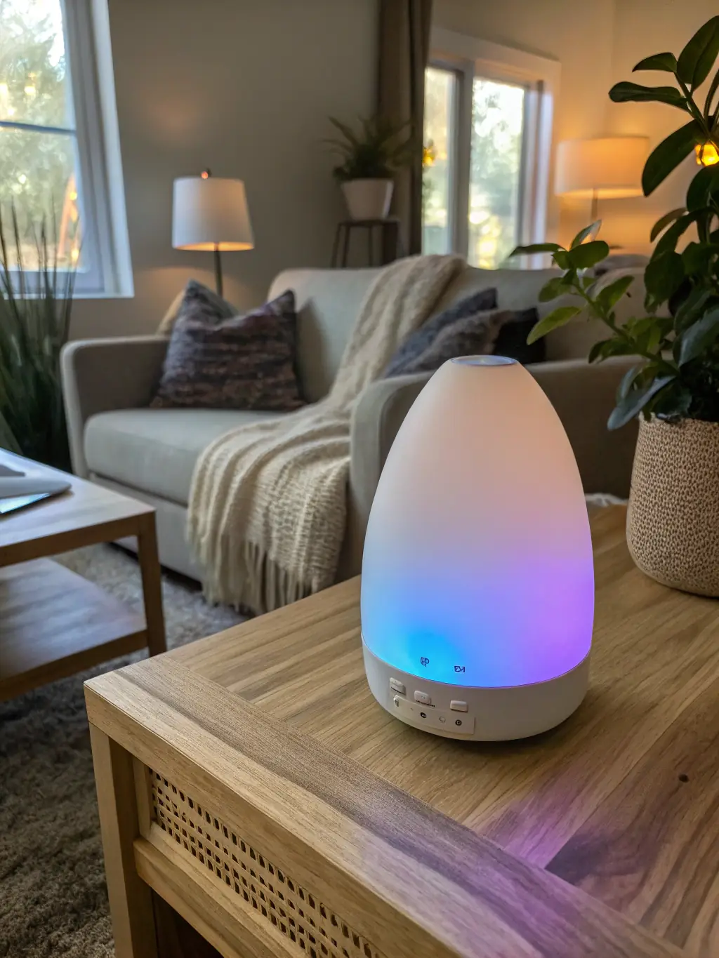 A modern ceramic lamp with a minimalist design, casting a warm glow in a contemporary living room setting, highlighting its sleek form and functionality.