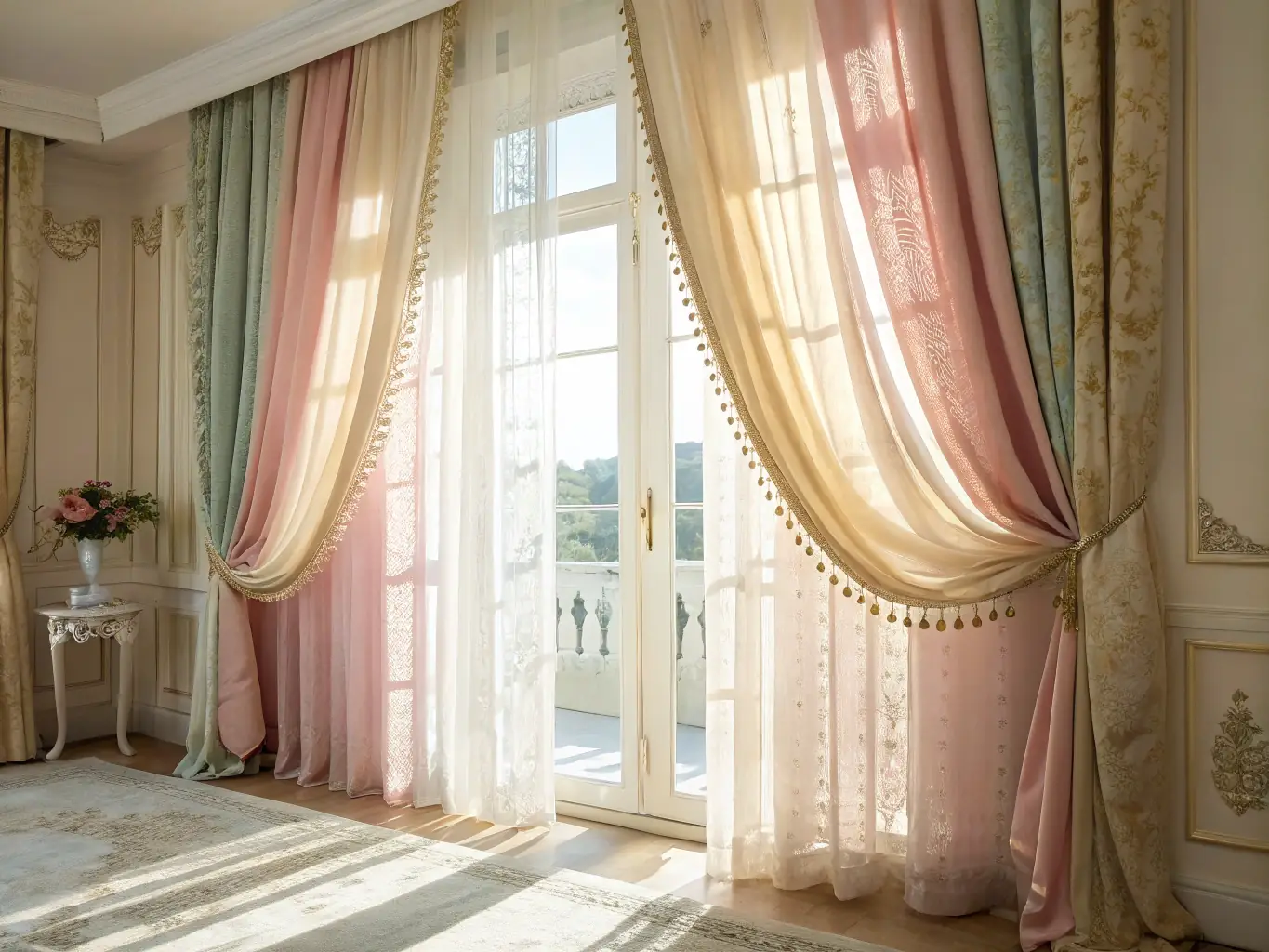 A beautifully draped linen curtain in a light, airy room, allowing soft, natural light to filter through, highlighting the elegance and functionality of Home Ambiance curtains.
