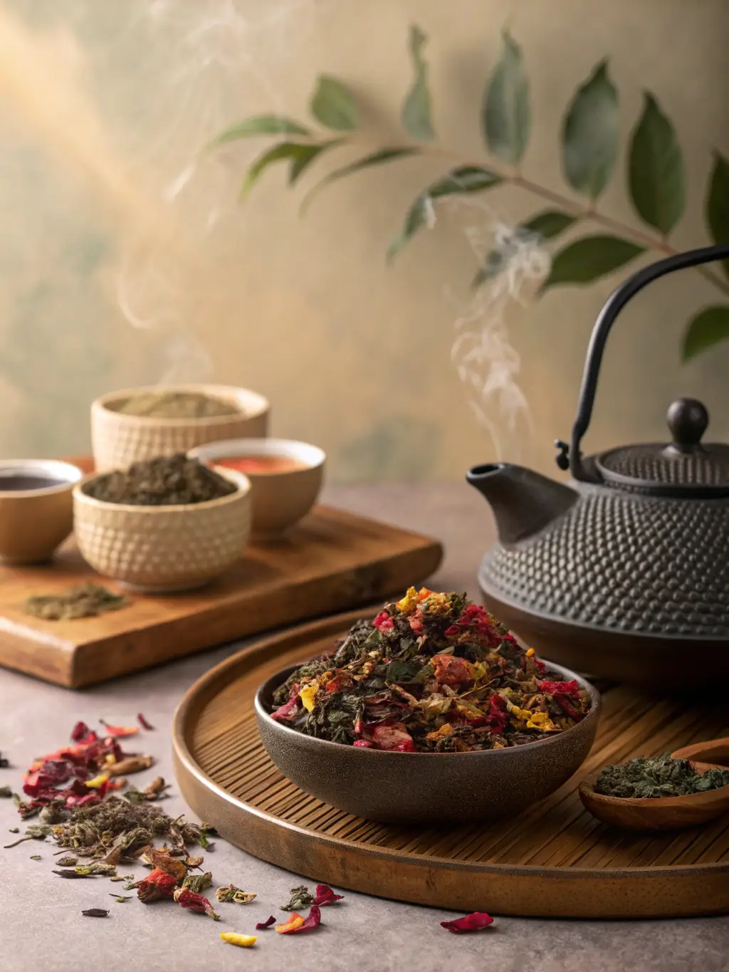 A set of handcrafted ceramic mugs in various pastel colors, arranged on a rustic wooden table. The mugs are filled with steaming coffee, and there are scattered autumn leaves around them, creating a cozy, inviting scene for the 'Home Ambiance' website.