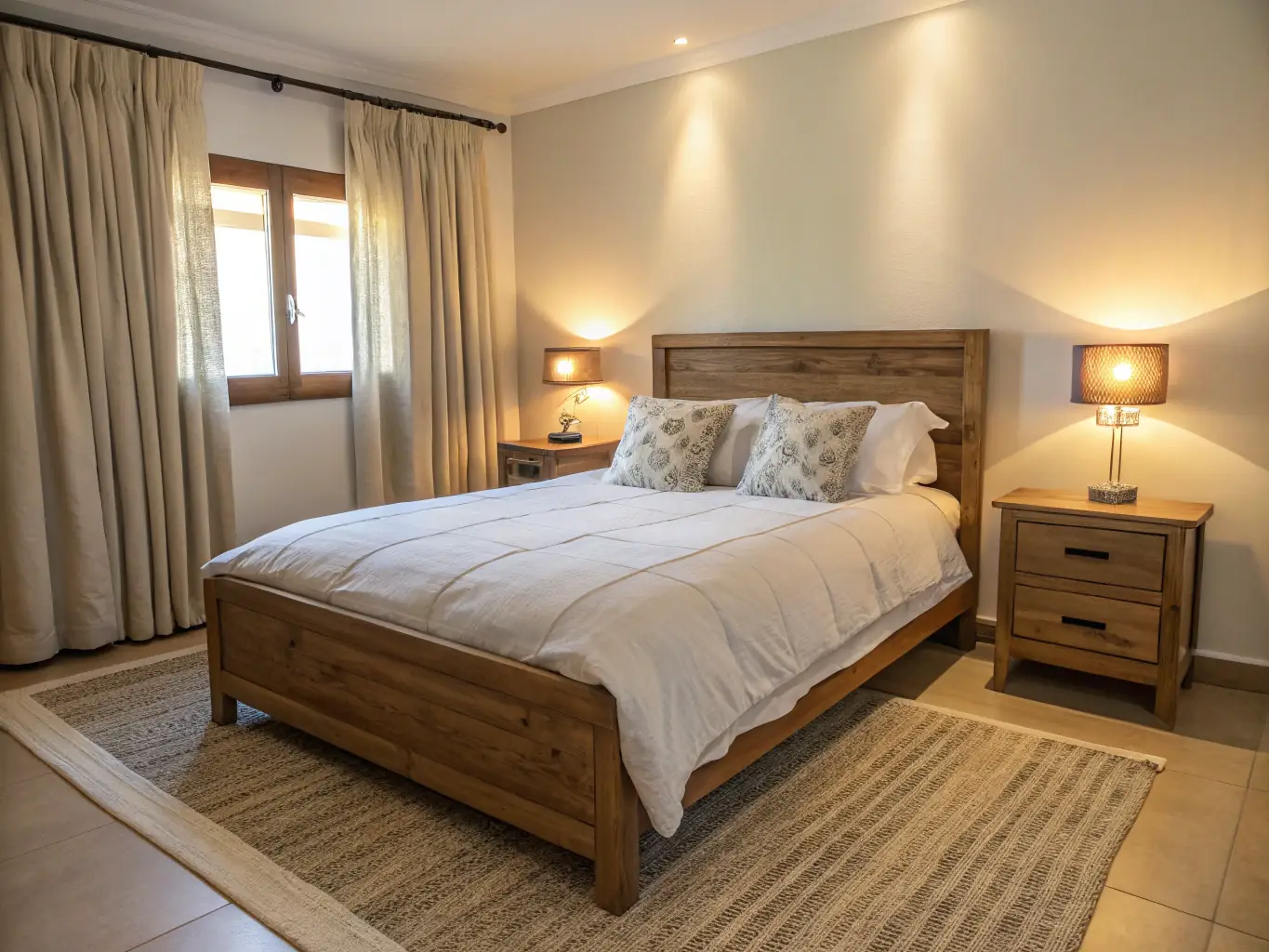 A cozy bedroom featuring a bedside table lamp with a warm, inviting glow, showcasing the comfort and style of Home Ambiance lighting.