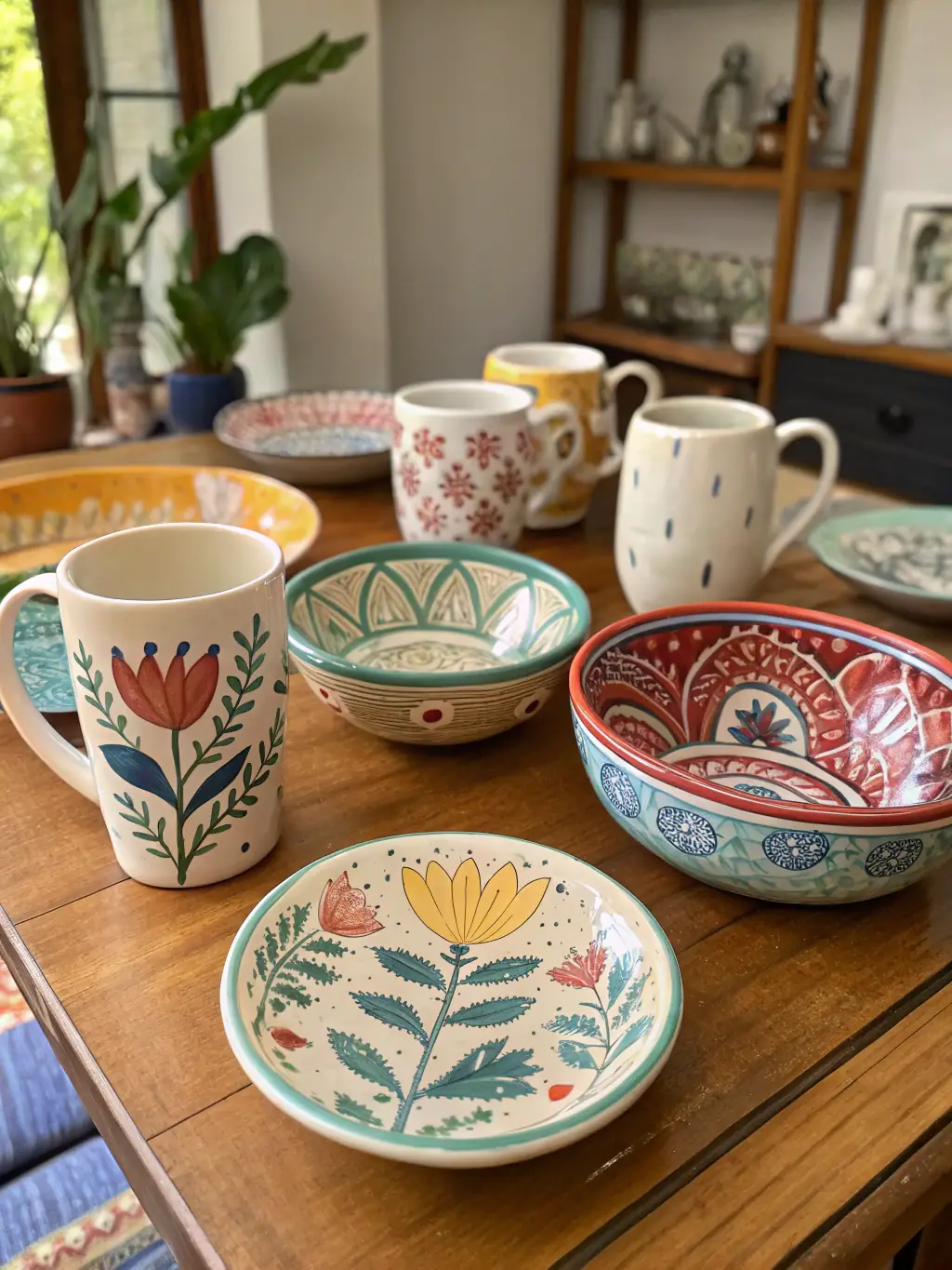 A collection of handcrafted ceramic vases and bowls displayed on a wooden shelf. The ceramics feature unique textures and earthy tones, showcasing the artistry of the ceramics collection.