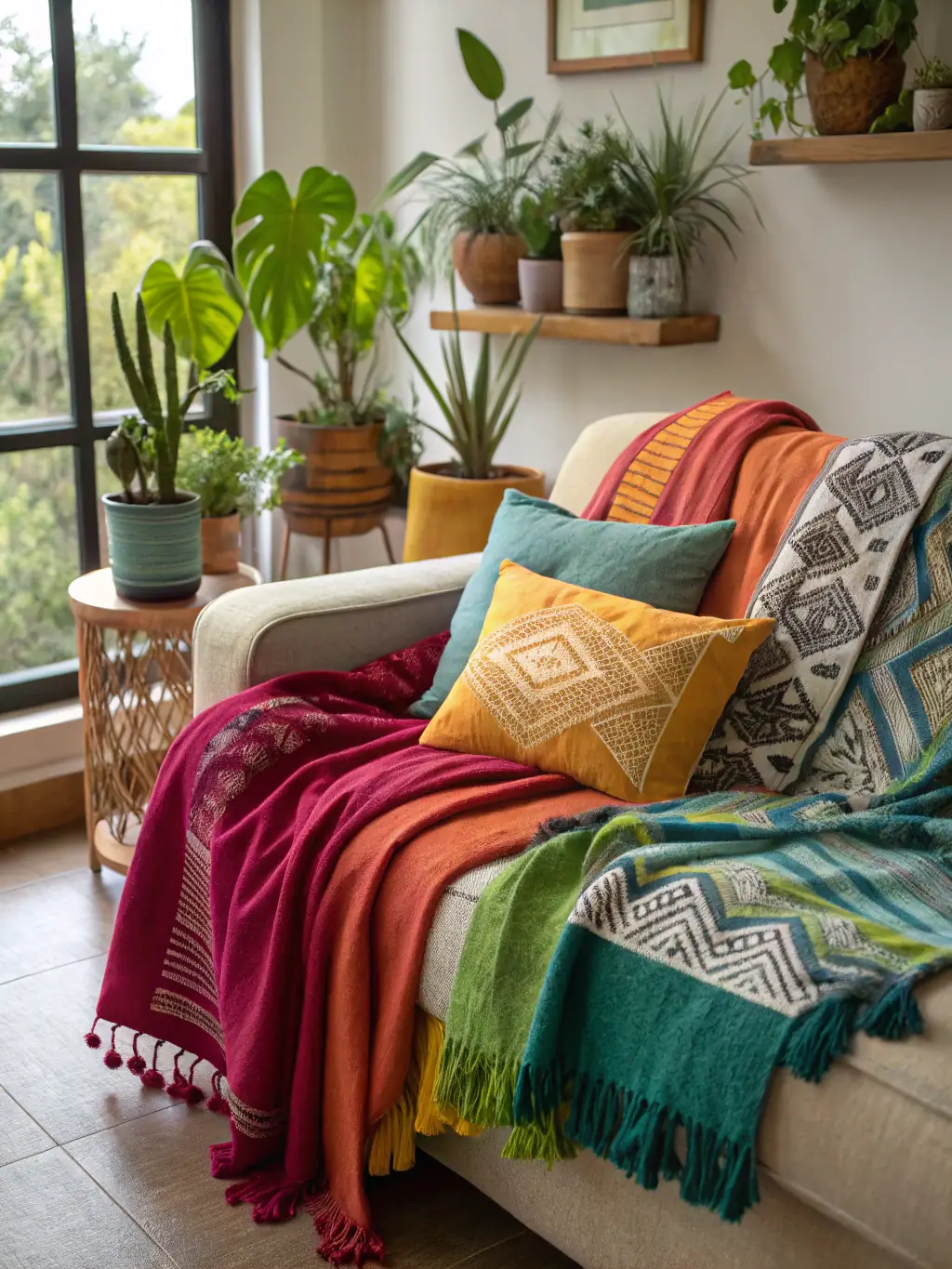 A close-up shot of a variety of soft, textured throw blankets and decorative pillows in pastel colors, neatly arranged on a cozy sofa. The scene is warmly lit, emphasizing the hygge aesthetic of the textiles collection.