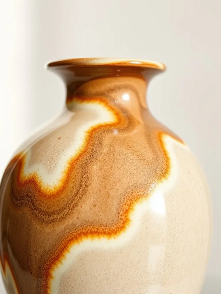 Close-up shot of a handcrafted ceramic vase with a unique glaze, showcasing its texture and artistry, displayed in a well-lit studio setting.