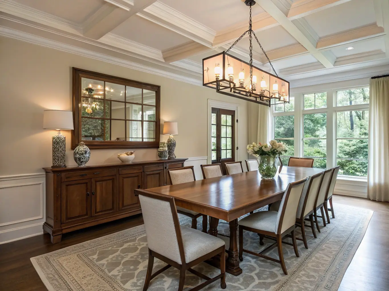 A modern dining room illuminated by a sleek pendant light fixture, highlighting the contemporary design and functionality of Home Ambiance lighting.